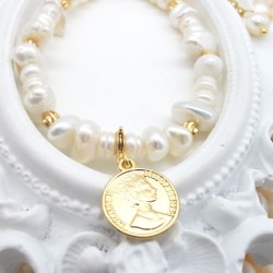Queen Gold Coin Tag Baroque Freshwater Pearl Bracelet