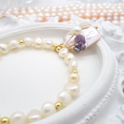 K Gold Wrapped Amethyst Natural Baroque Freshwater Pink Pearl Aquarium Design Pendant White Baroque Freshwater Pearl Adjustable Bracelet