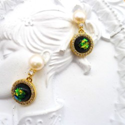 Blue Green Opal Zircon Round Pendant Flat Pearl Stud Earrings