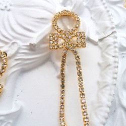 Bow Flash Diamond Zircon Tassel Flat Pearl Stud Earrings