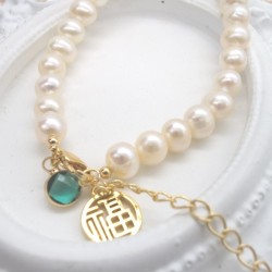 Guofeng Fu word green zirconium natural baroque pearl bracelet adjustable necklace two-piece series