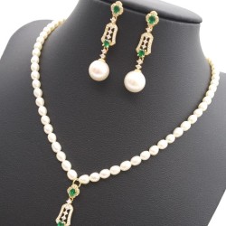 National style luxury Shoulu gold plated green zirconium inlaid rhinestones natural pearl earrings necklace two-piece series