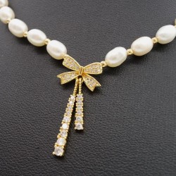 Luxurious full-set rhinestone bow natural freshwater pearl earrings necklace two-piece series