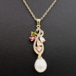Flower Type Gold Plated Micro-Set Color Zirconium Natural Freshwater Oval Pearl Necklace